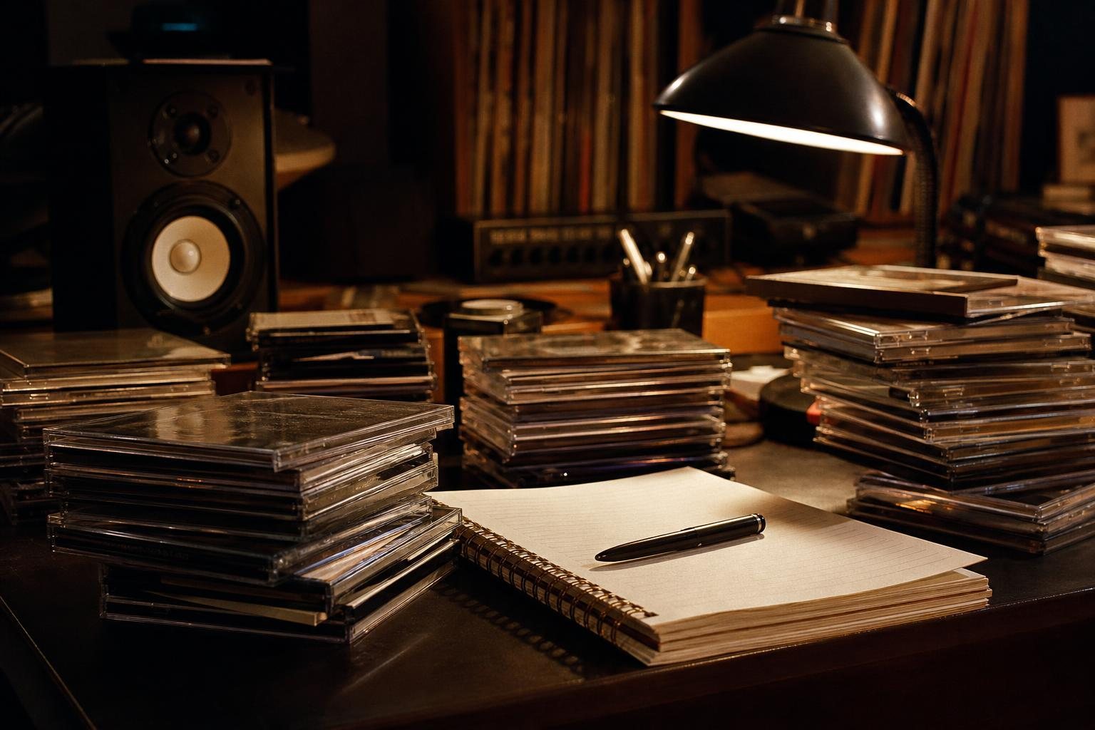 Schreibtisch mit CD-Stapeln in schlichten Hüllen, Studiomonitoren und Notizbuch im Lampenlicht (mit AI erstelltes Bild)