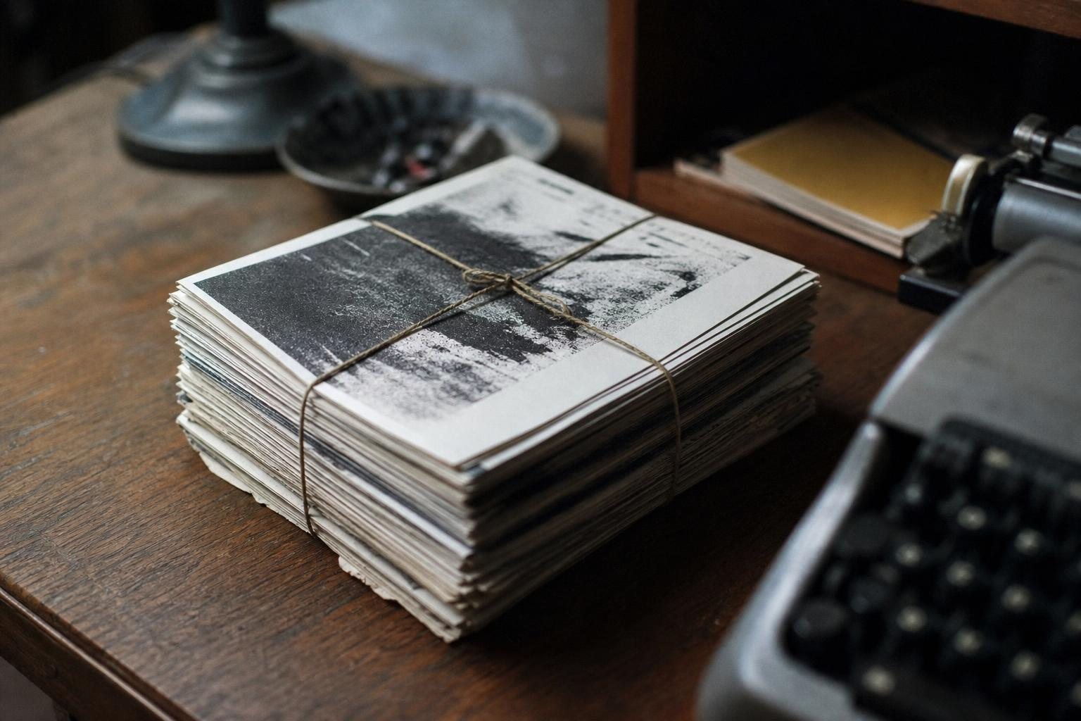 Stapel alter kopierter Musikfanzines mit leeren Titelseiten, mit Schnur gebunden, neben einer Schreibmaschine (mit AI erstelltes Bild)