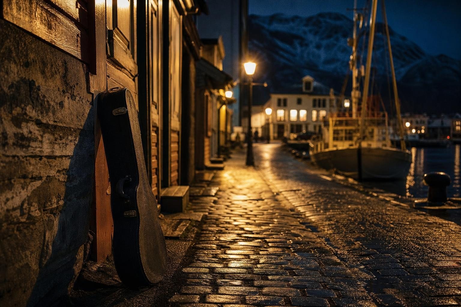 Ruhige Hafenstraße bei Nacht mit nassem Kopfsteinpflaster und einem Gitarrenkoffer an der Wand (mit AI erstelltes Bild)