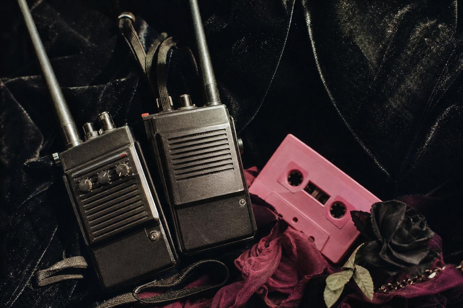 Zwei alte Walkie-Talkies auf schwarzem Samt neben einer rosa Kassette im Seitenlicht (mit AI erstelltes Bild)