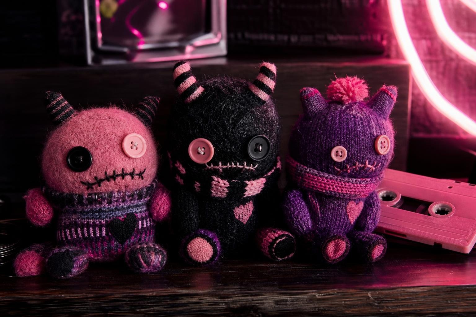 Drei gestrickte Plüschmonster mit Knopfaugen neben einer rosa Kassette auf einem dunklen Regal im rosa Neonlicht (mit AI erstelltes Bild)