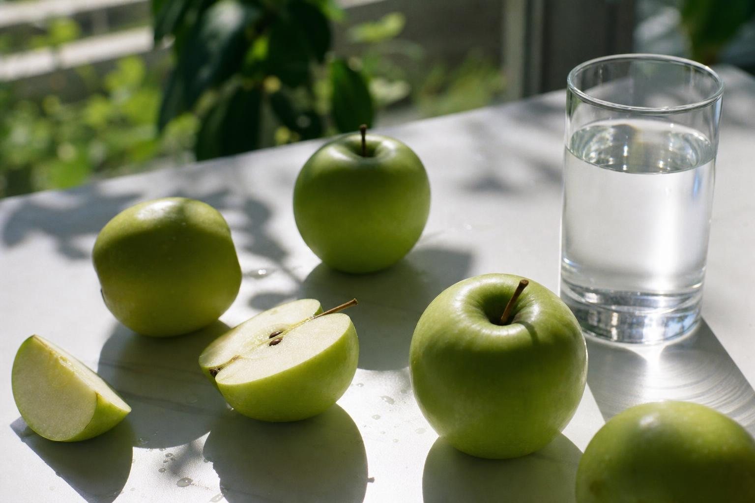 Knackige grüne Äpfel und ein Glas Wasser auf einem weißen Tisch (mit AI erstelltes Bild)